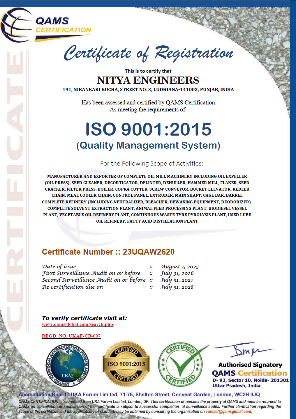 Nitya Oil Expeller India Quality Certifications